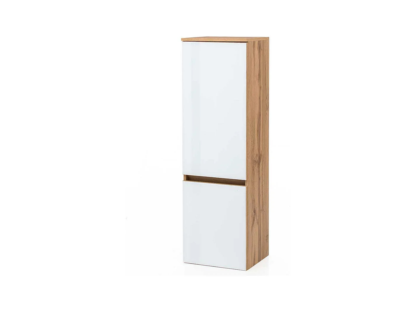 Bad Hochschrank in Weiß und Wildeiche Optik Glas beschichtet