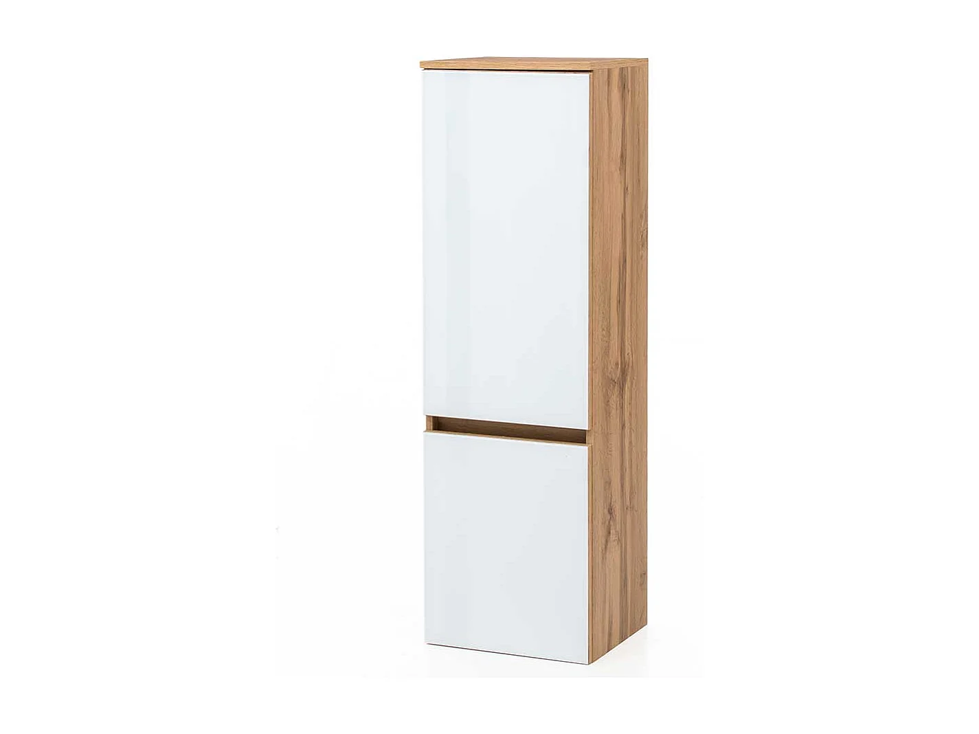 Bad Hochschrank in Weiß und Wildeiche Optik Glas beschichtet