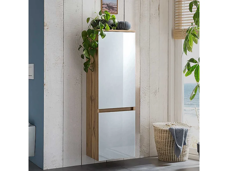 Bad Hochschrank in Weiß und Wildeiche Optik Glas beschichtet