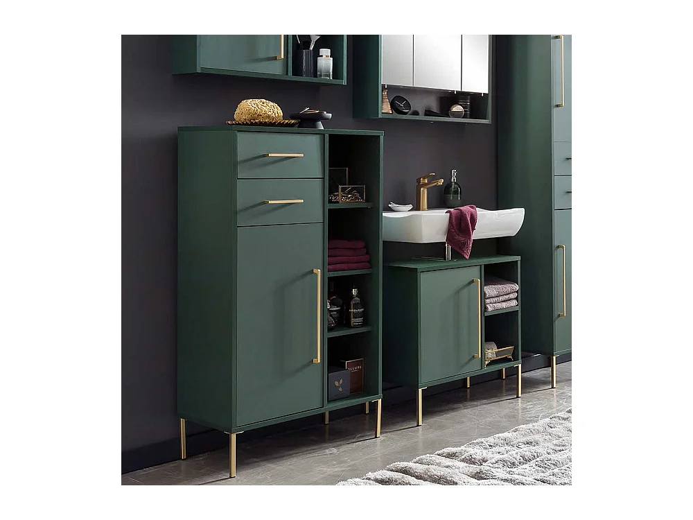 Badezimmer Schrank in Dunkelgrün und Goldfarben Skandi Design
