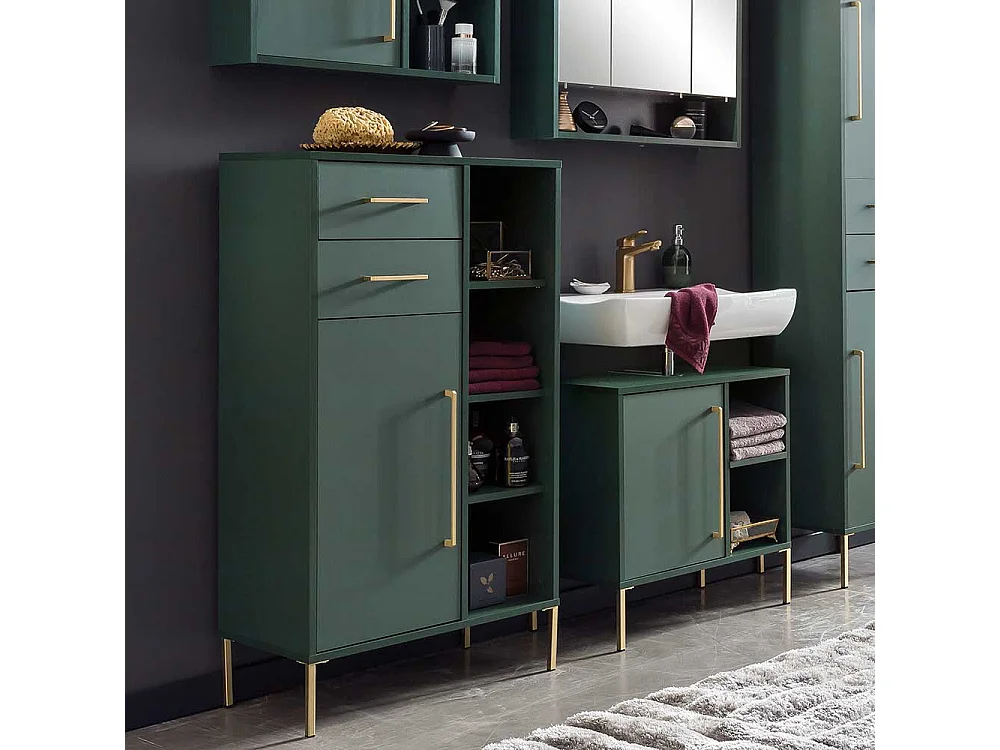Badezimmer Schrank in Dunkelgrün und Goldfarben Skandi Design