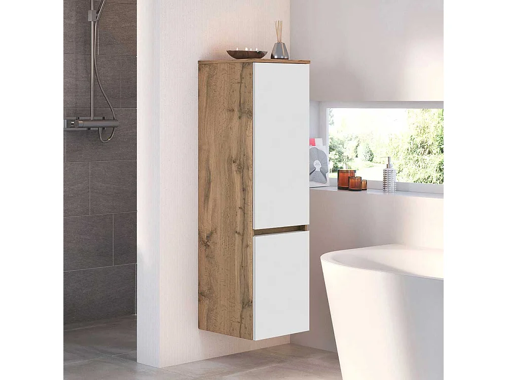 Badezimmer Seitenschrank in Weiß und Wildeiche Optik 135 cm hoch