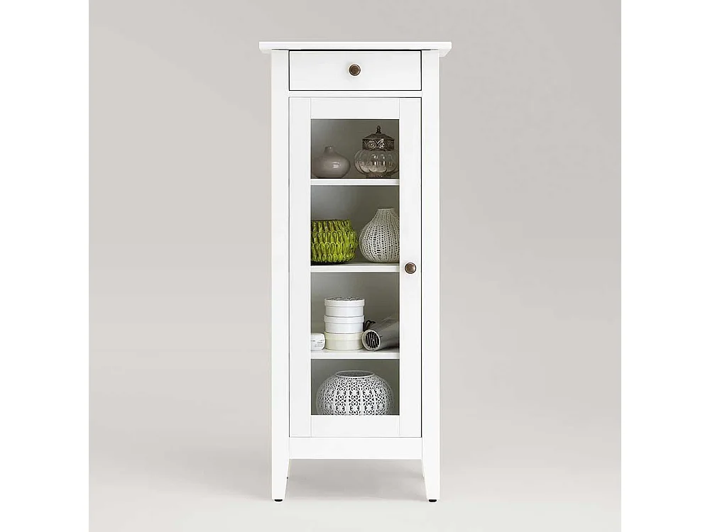 Bad Hochschrank in Weiß lasiert Kiefer massiv Glastür