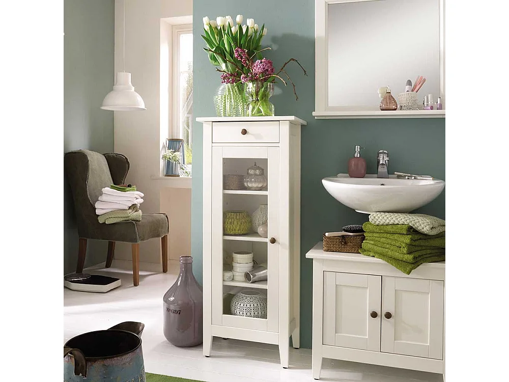 Bad Hochschrank in Weiß lasiert Kiefer massiv Glastür