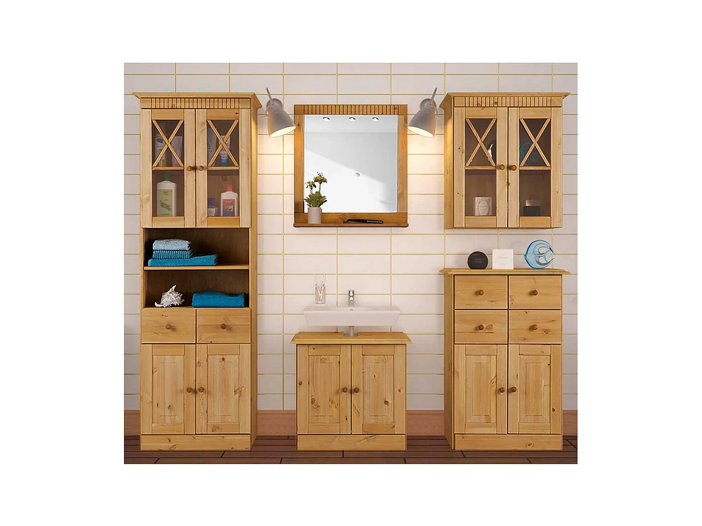 Kommode Badezimmerkommode aus Massivholz mit Drehtüren