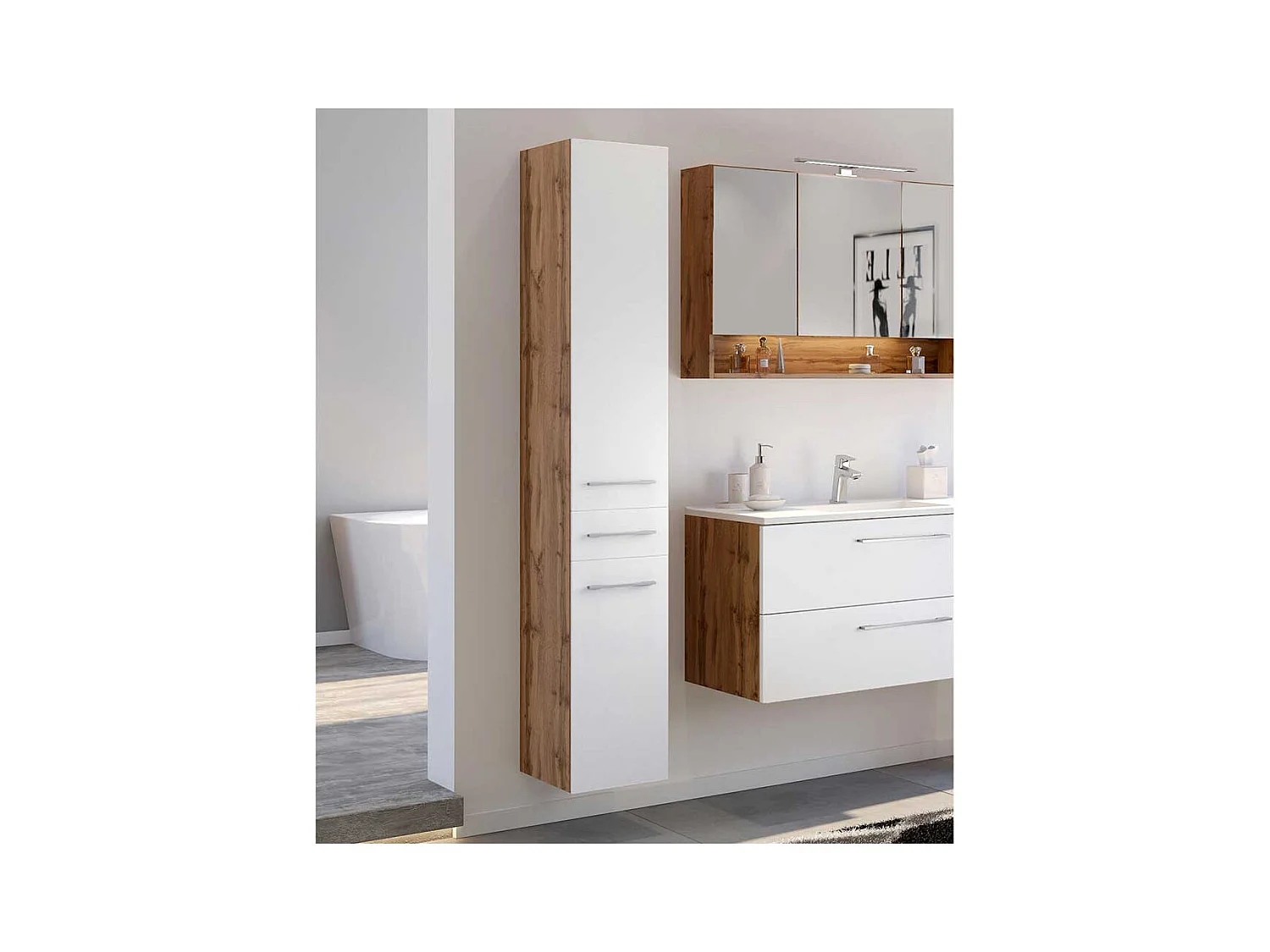 Badeschrank in Weiß und Wildeiche Optik 30 cm breit