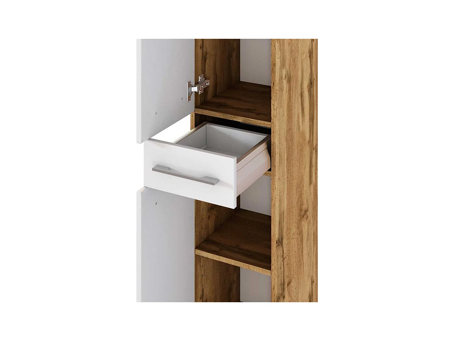 Badeschrank in Weiß und Wildeiche Optik 30 cm breit