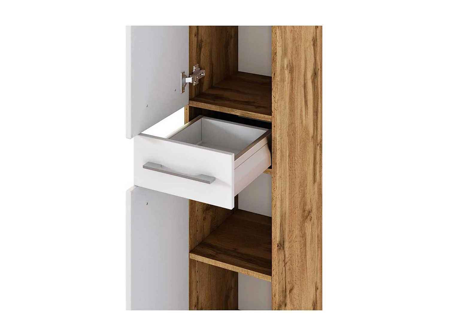 Badeschrank in Weiß und Wildeiche Optik 30 cm breit
