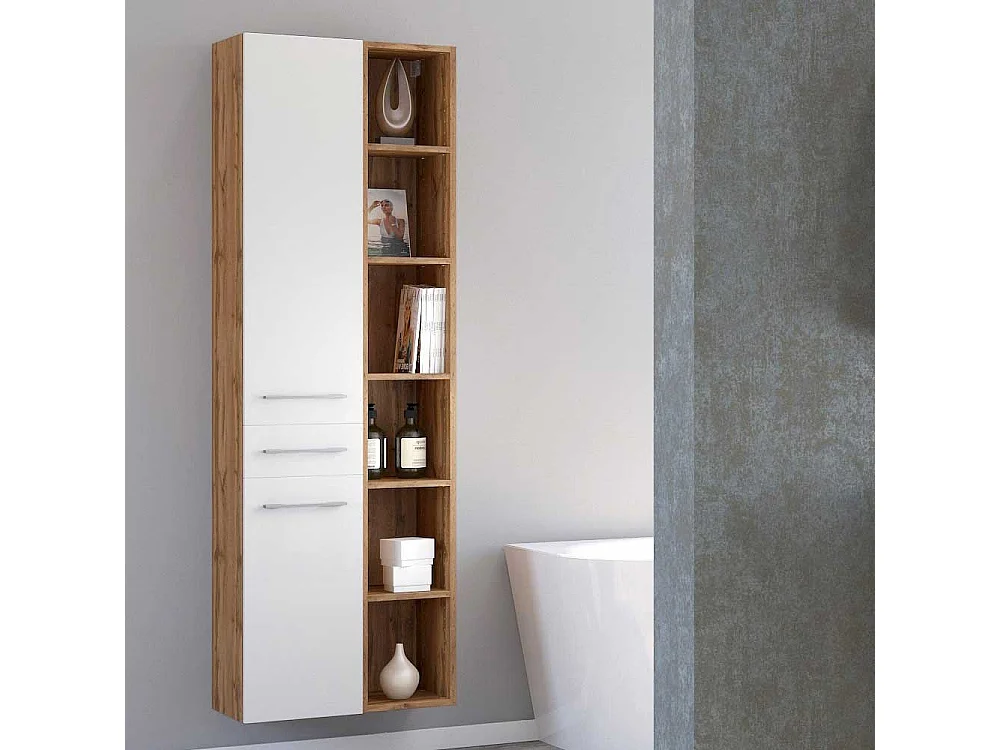 Badeschrank in Weiß und Wildeiche Optik 30 cm breit