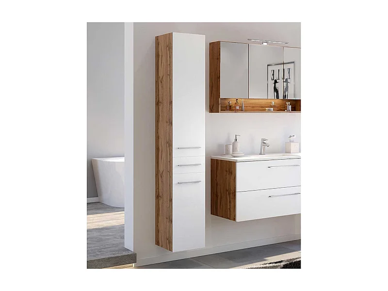 Badeschrank in Weiß und Wildeiche Optik 30 cm breit