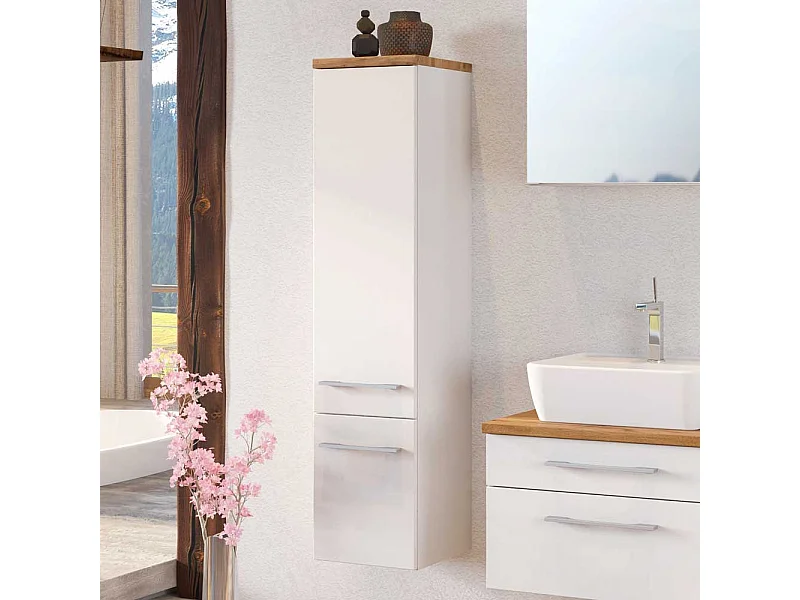 Hängender Badschrank in Weiß und Wildeiche Dekor 30 cm breit