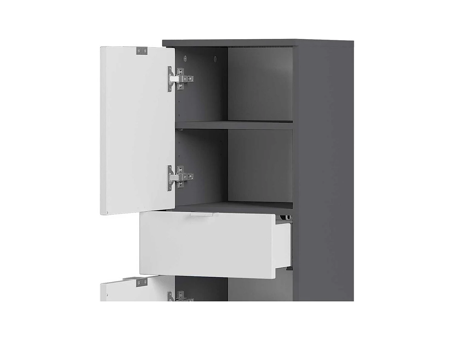 Bad Hochschrank in Weiß Hochglanz und Dunkelgrau 120 cm hoch