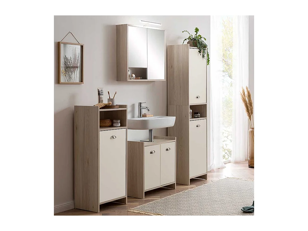 Badezimmer Hochschrank in Cremeweiß Eiche hell