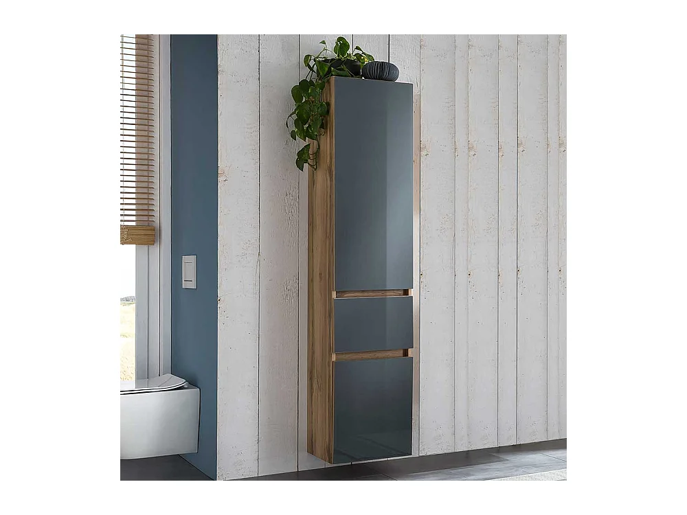 Badezimmer Hochschrank in Grau und Wildeiche Optik Glas beschichtet
