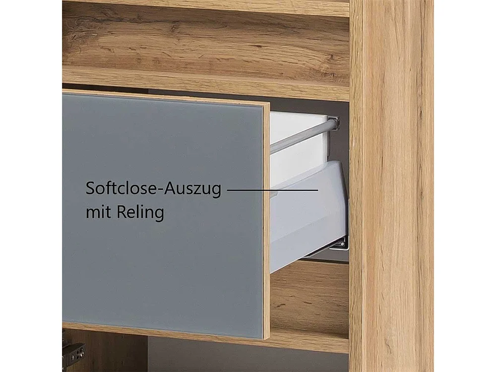 Badezimmer Hochschrank in Grau und Wildeiche Optik Glas beschichtet