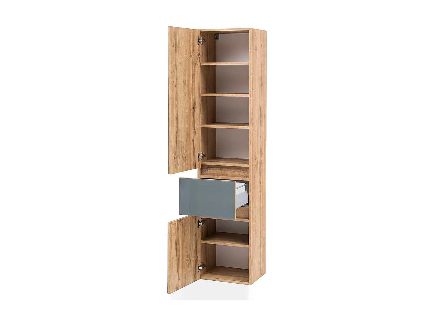 Badezimmer Hochschrank in Grau und Wildeiche Optik Glas beschichtet