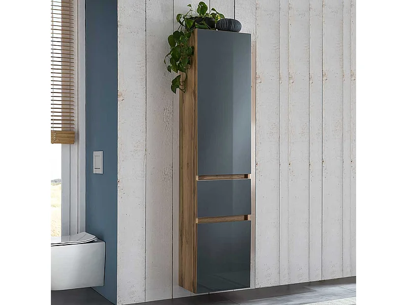 Badezimmer Hochschrank in Grau und Wildeiche Optik Glas beschichtet