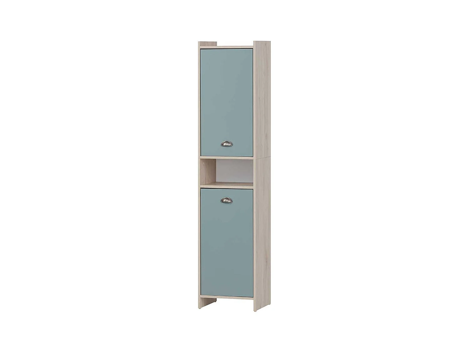 Badseitenschrank modern in Hellblau und Eiche hell 177 cm hoch