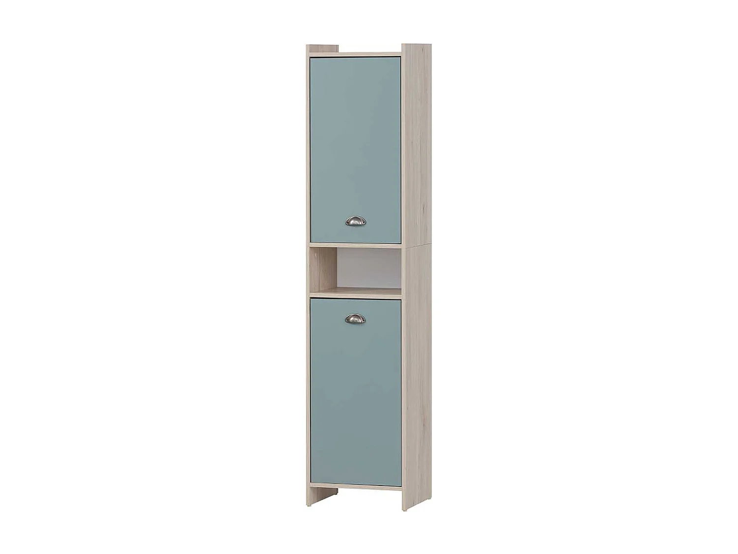 Badseitenschrank modern in Hellblau und Eiche hell 177 cm hoch