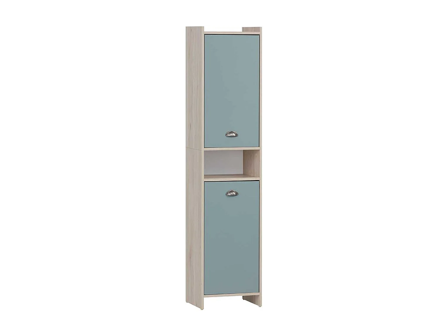 Badseitenschrank modern in Hellblau und Eiche hell 177 cm hoch