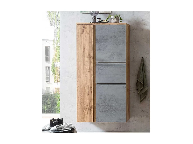 Badmidischrank hängend in Wildeichefarben und Beton Grau inklusive Füße