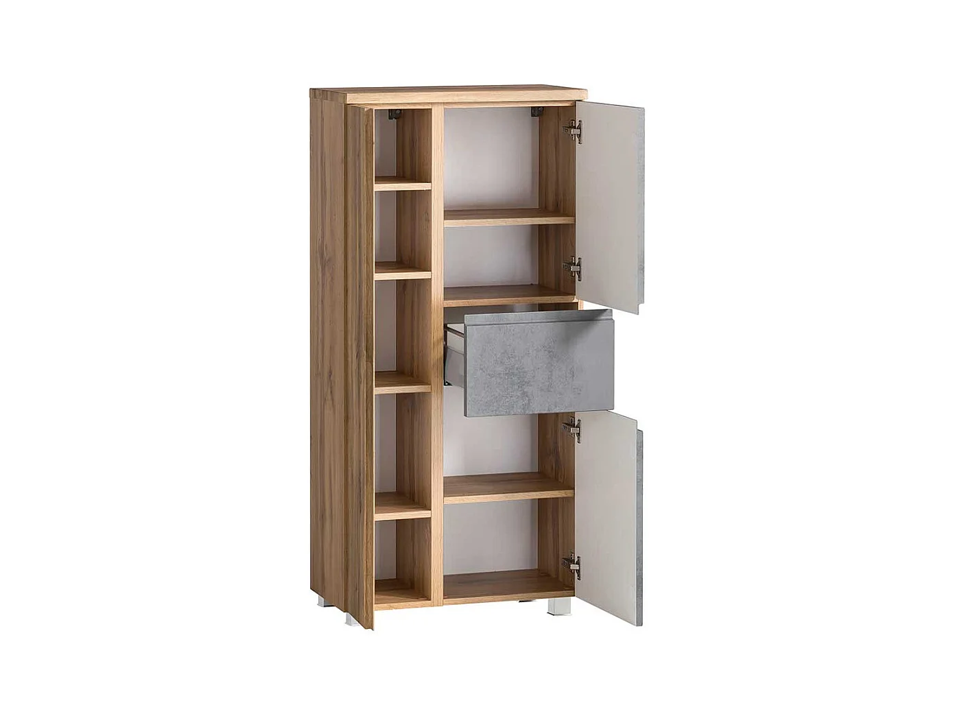 Badmidischrank hängend in Wildeichefarben und Beton Grau inklusive Füße