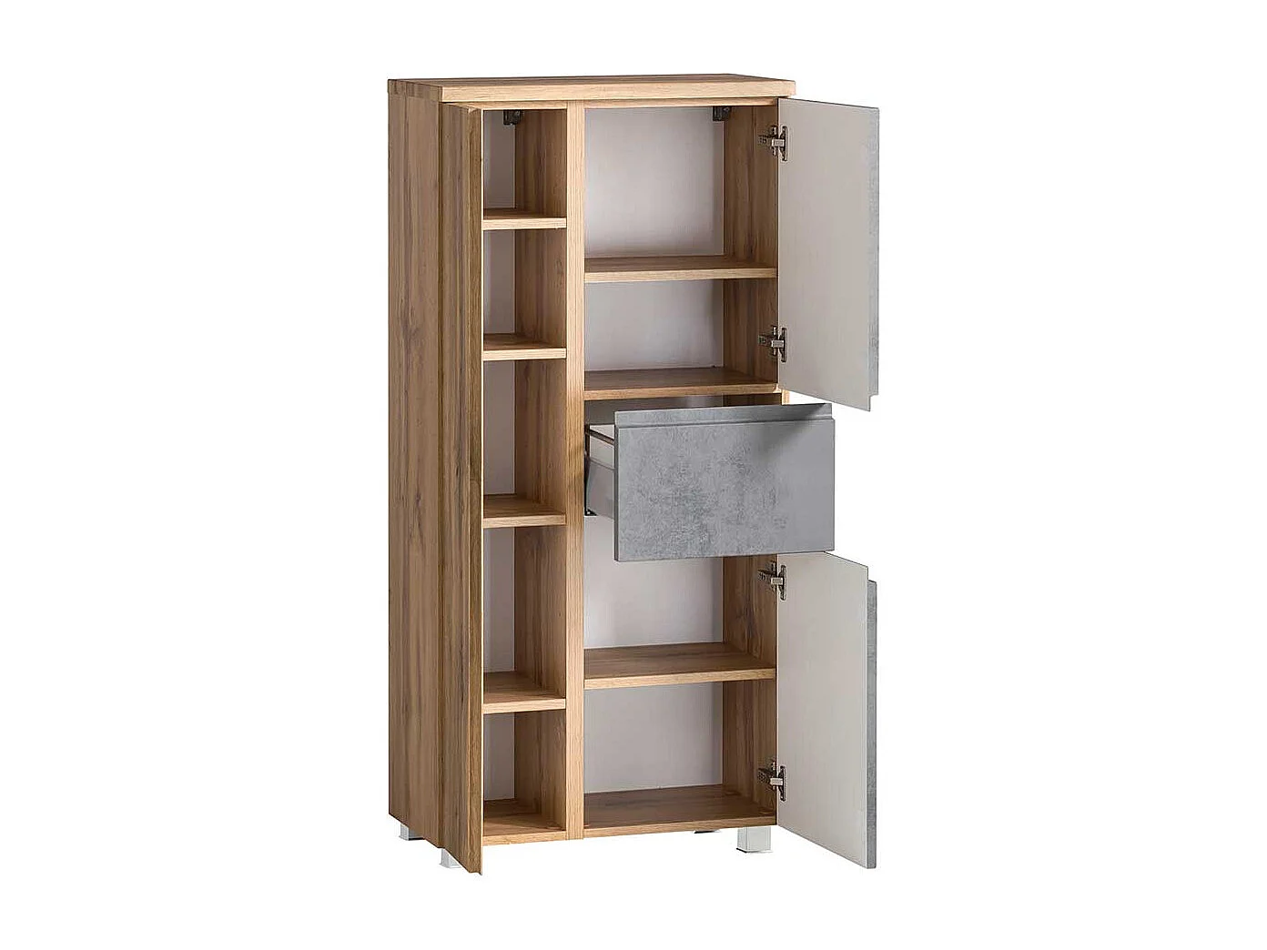 Badmidischrank hängend in Wildeichefarben und Beton Grau inklusive Füße
