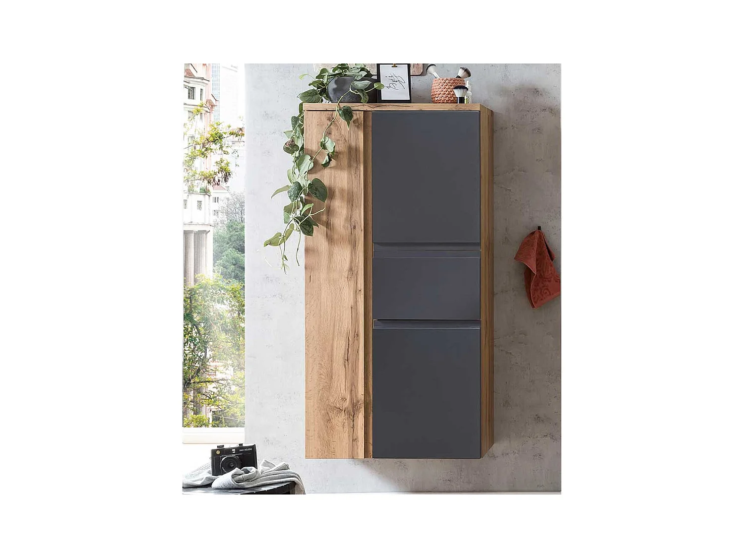 Badezimmermidischrank hängend in Wildeichefarben & Dunkelgrau inklusive Füße