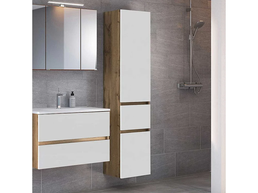 Badezimmer Hochschrank in Weiß und Wildeiche Optik Made in Germany