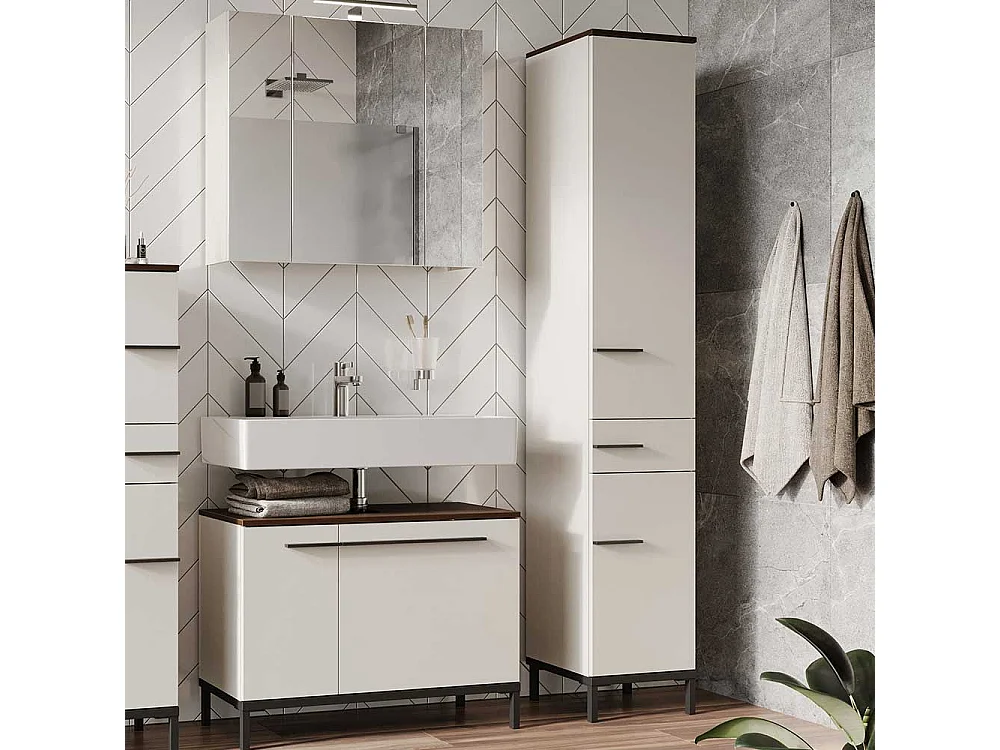 Badezimmer Hochschrank in Hellgrau Nussbaumfarben