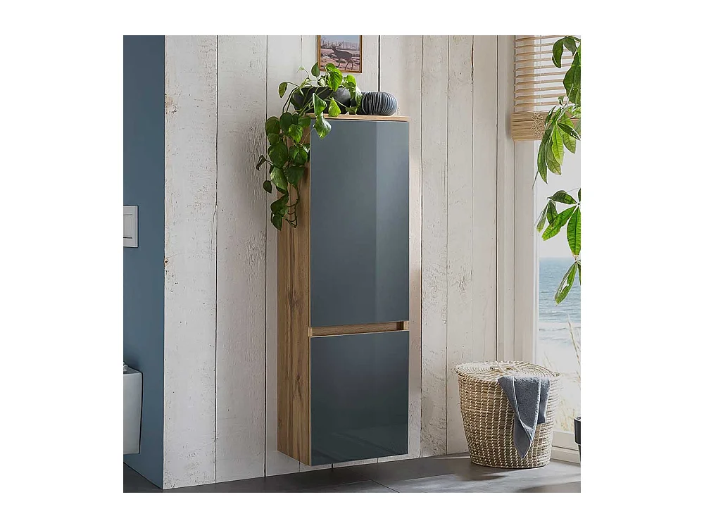 Bad Hochschrank in Grau und Wildeichefarben Glas beschichtet