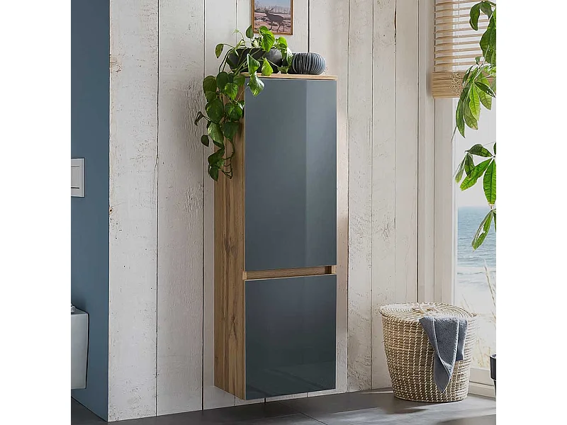 Bad Hochschrank in Grau und Wildeichefarben Glas beschichtet