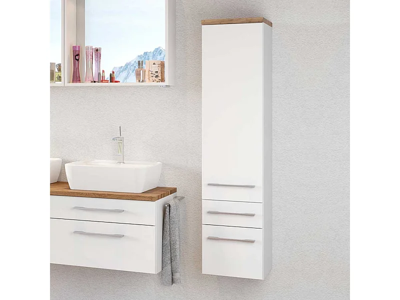 Badezimmer Seitenschrank in Weiß und Wildeiche Dekor hängend