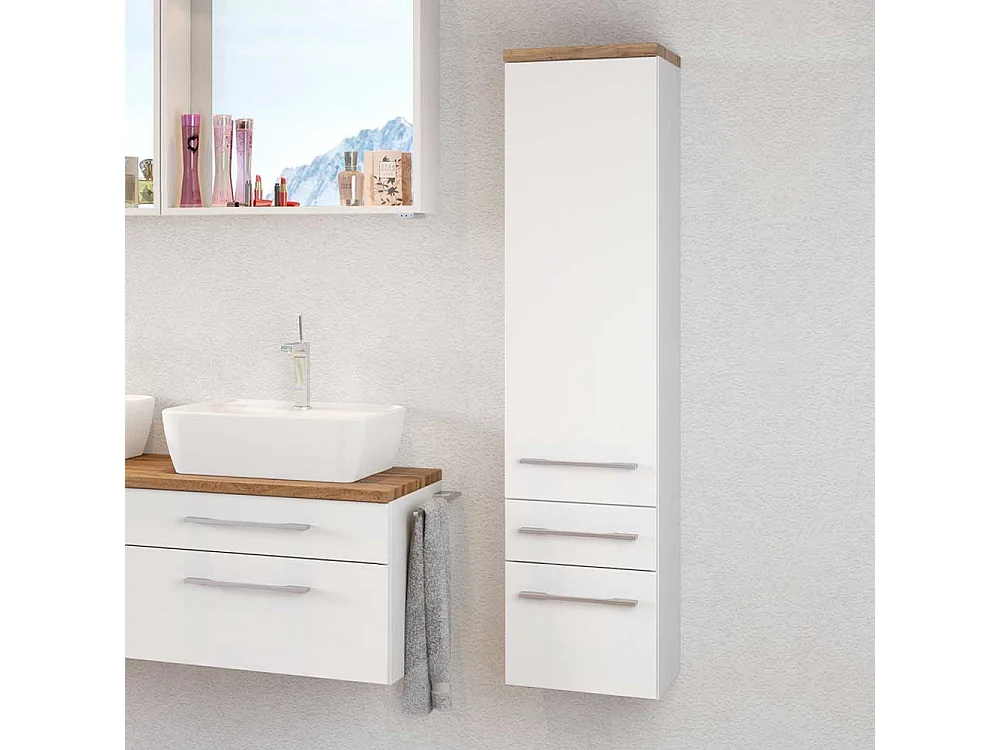 Badezimmer Seitenschrank in Weiß und Wildeiche Dekor hängend
