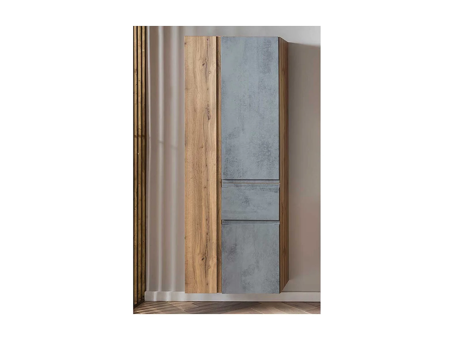 Großer Badschrank in Wildeichefarben und Beton Grau Made in Germany