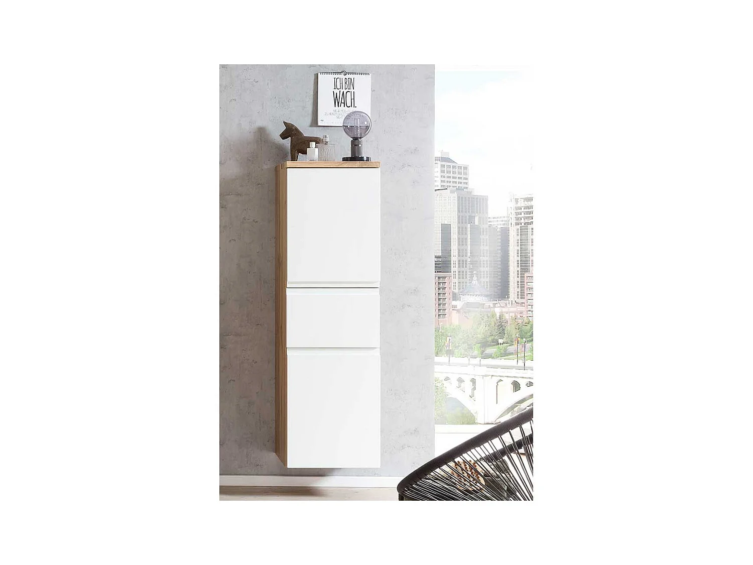 Badmidischrank hängend inklusive Füße Wildeichefarben und Weiß