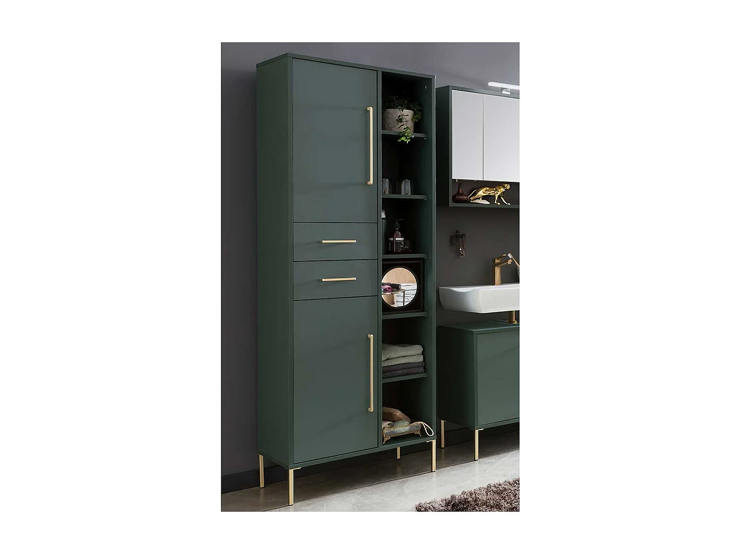 Badseitenschrank in Dunkelgrün und Goldfarben Made in Germany