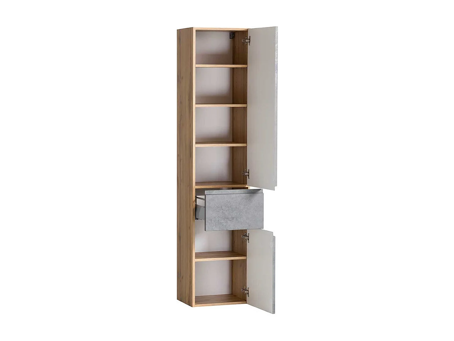 Hoher Badseitenschrank in Wildeichefarben Beton Optik Grau