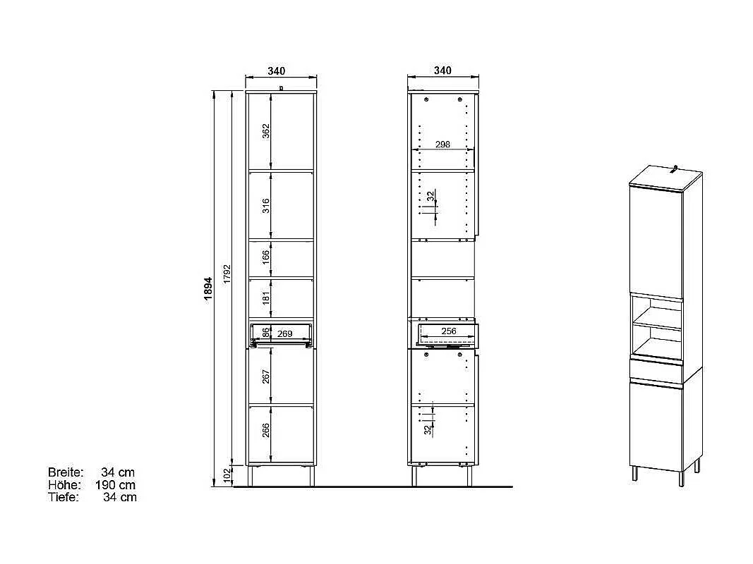 Hochschrank Badhochschrank mit zwei offenen Fächern und einer Schublade