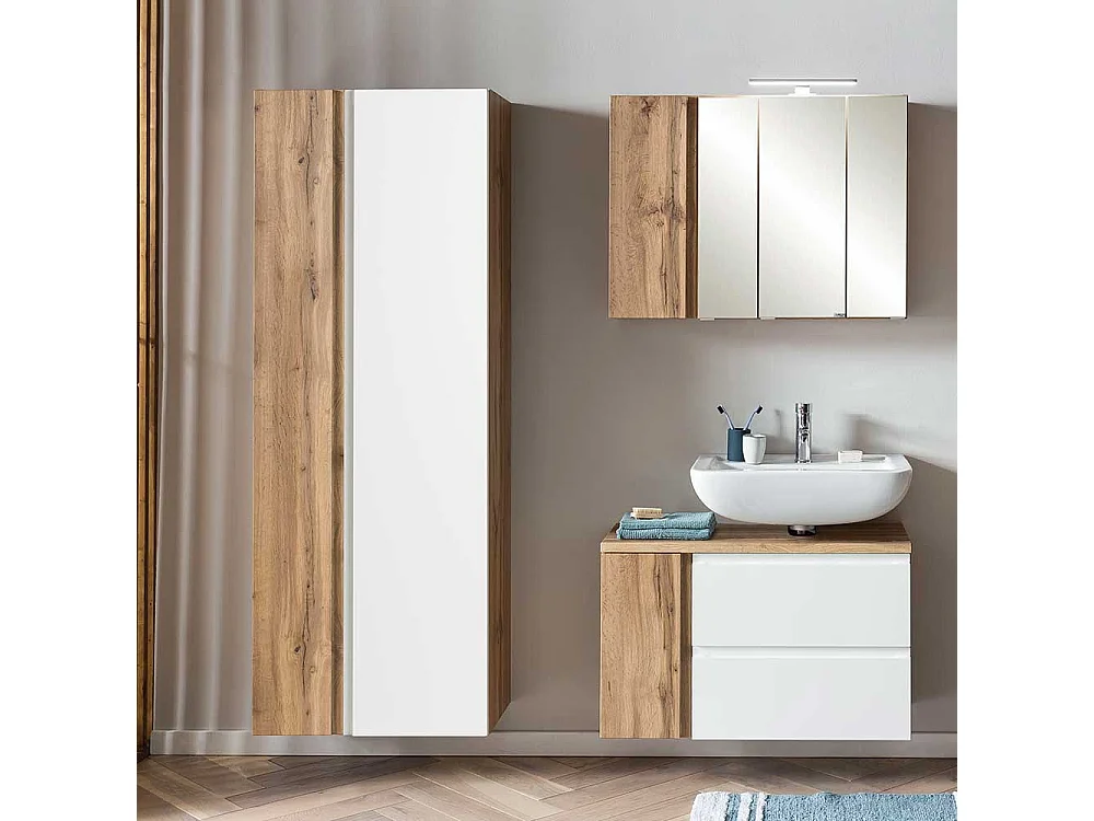 Hoher Badschrank in Wildeichefarben und Weiß Made in Germany