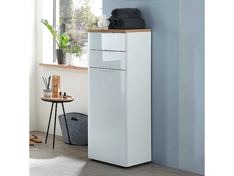 Badezimmer Kommode in Weiß Glas beschichtet Eichefarben