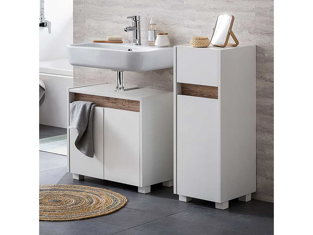 Badezimmer Unterschrank in Weiß und Wildeiche Optik 85 cm hoch