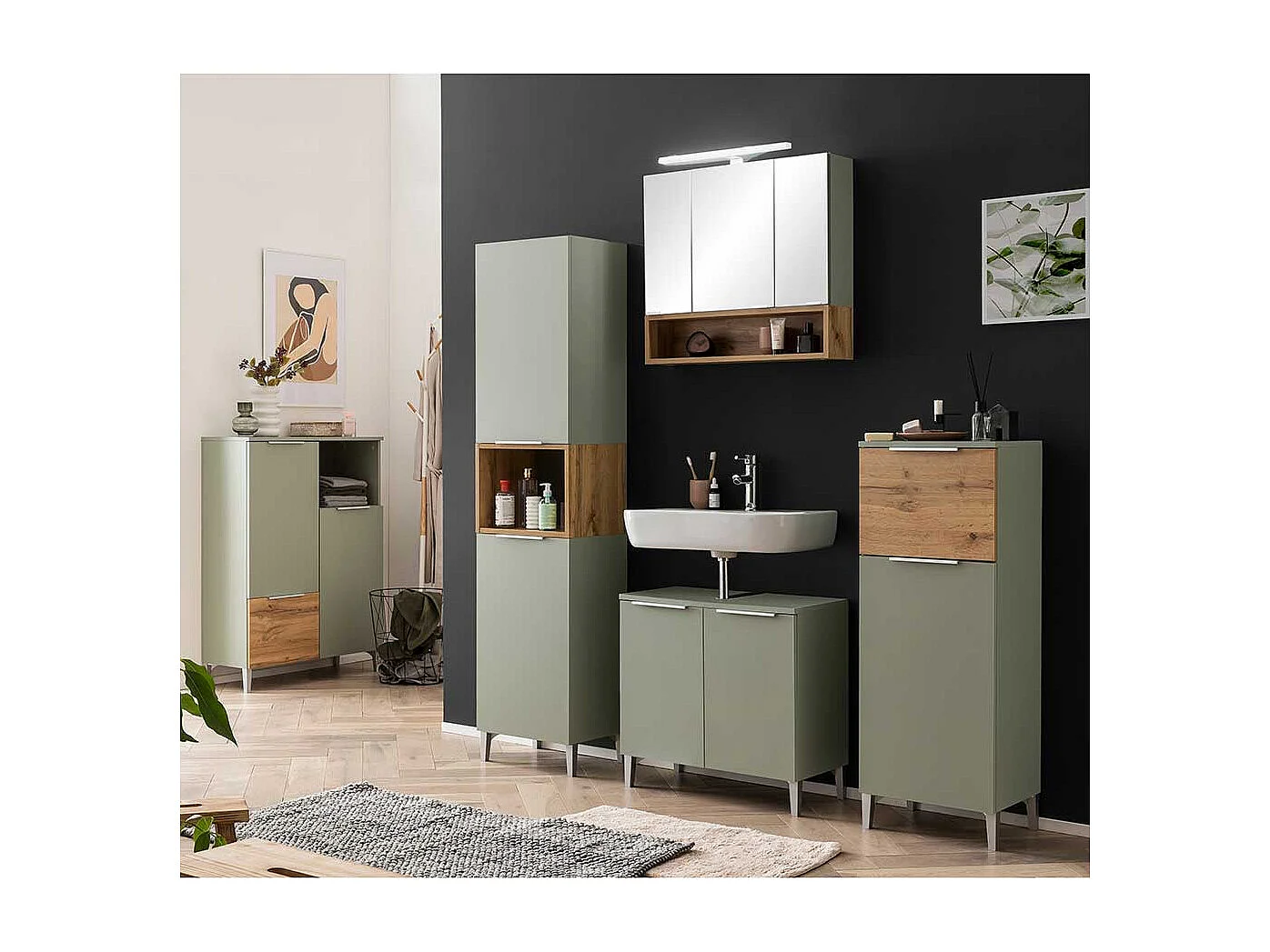 Badezimmermidischrank in Graugrün Eichefarben