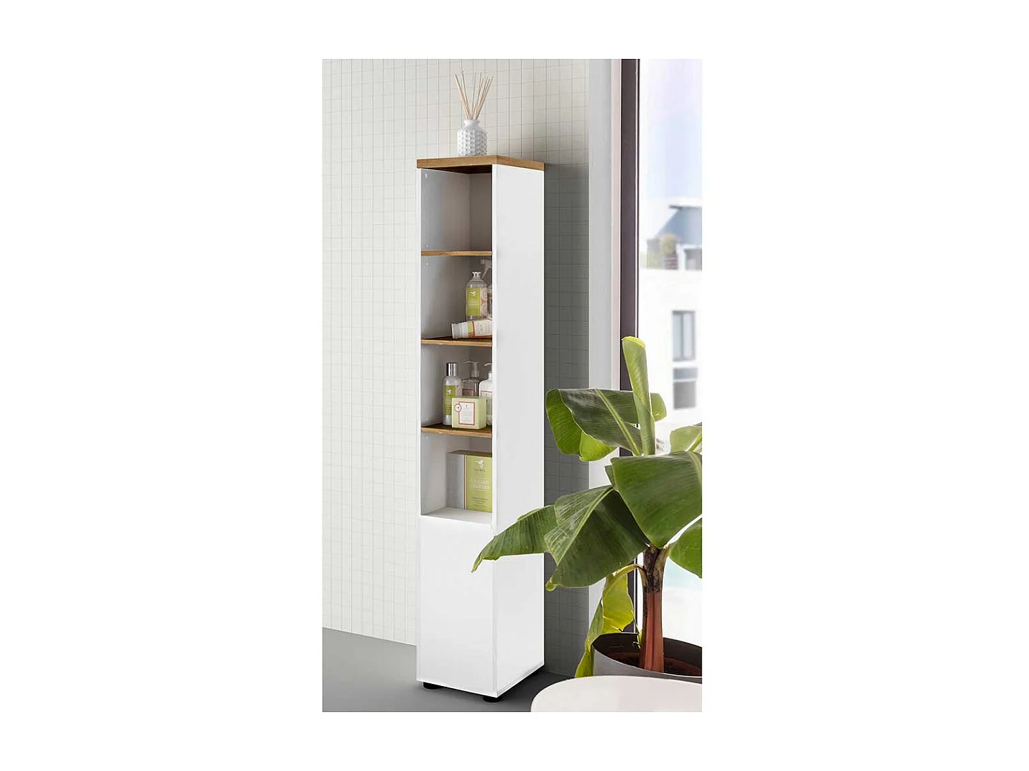 Hochschrank Badezimmerschrank in Weiß und Wildeichefarben