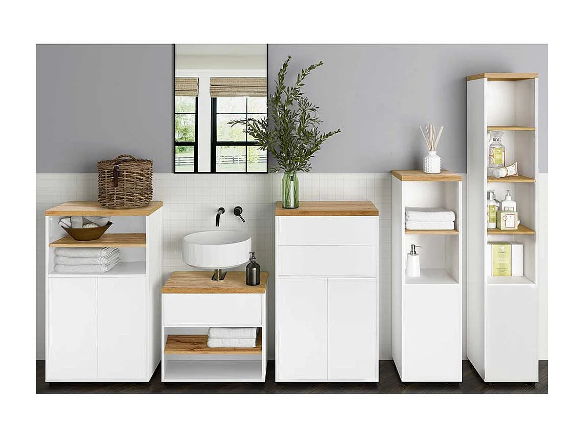 Hochschrank Badezimmerschrank in Weiß und Wildeichefarben