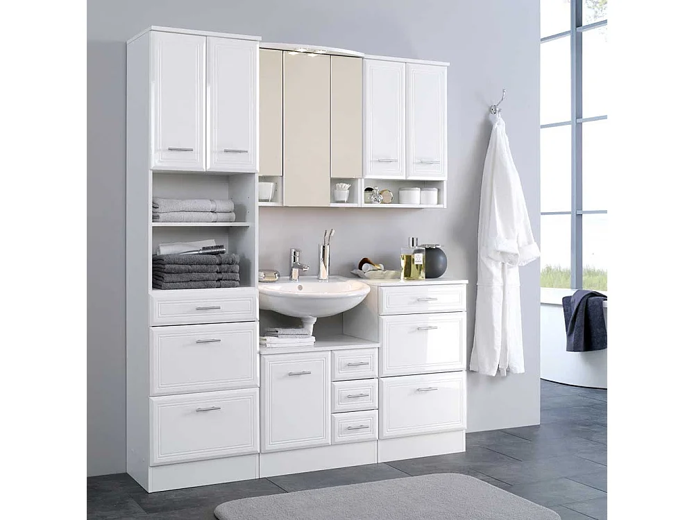 Badschrank mit drei Schubladen Weiß Hochglanz