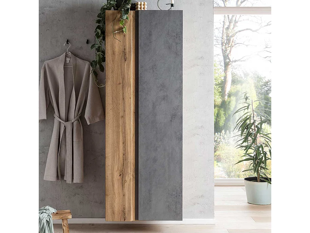 Badezimmer Hochschrank in Wildeichefarben Beton Grau