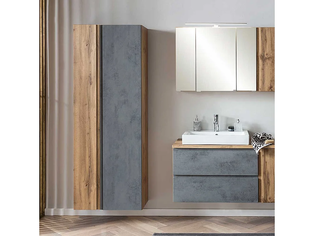 Badezimmer Hochschrank in Wildeichefarben Beton Grau