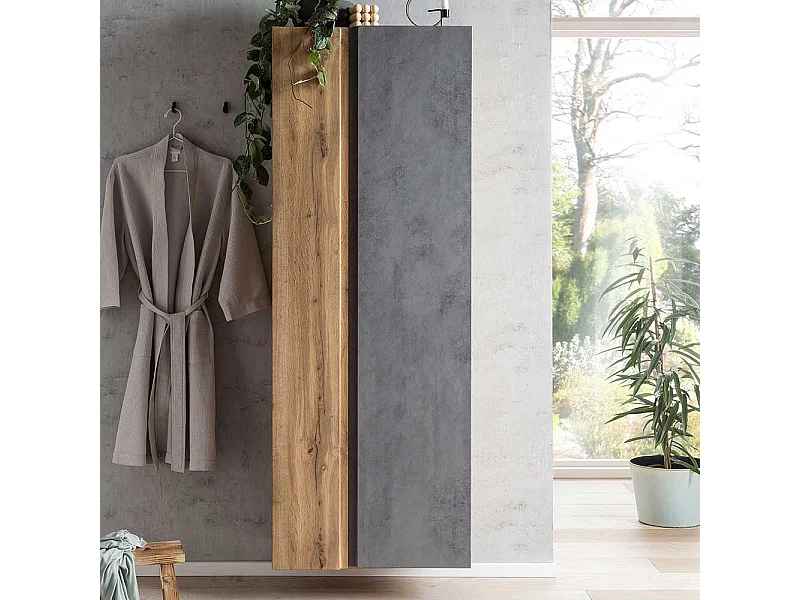 Badezimmer Hochschrank in Wildeichefarben Beton Grau