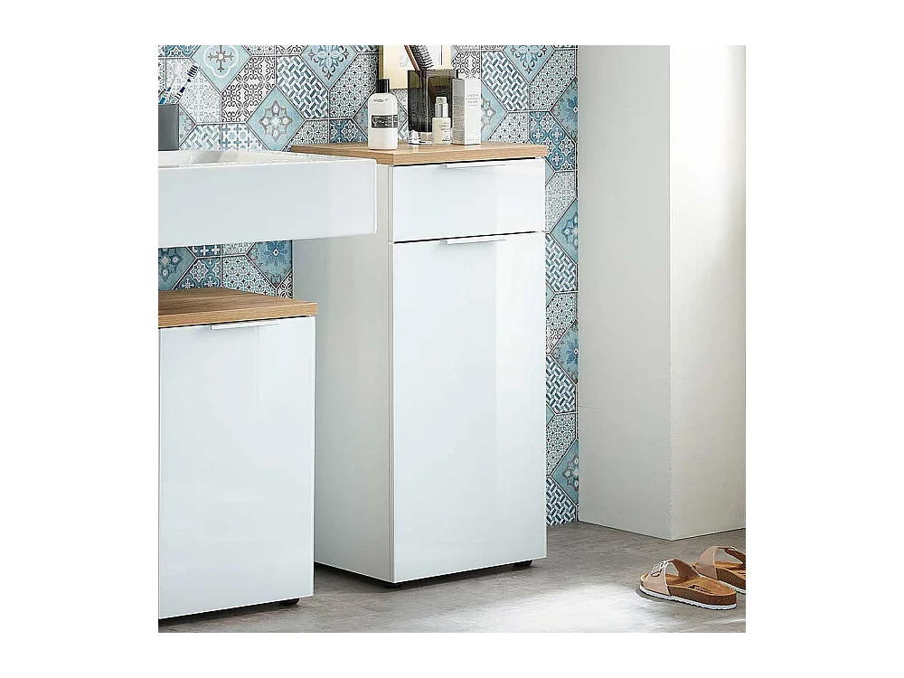 Badezimmer Unterschrank in Weiß Glas beschichtet Eichefarben